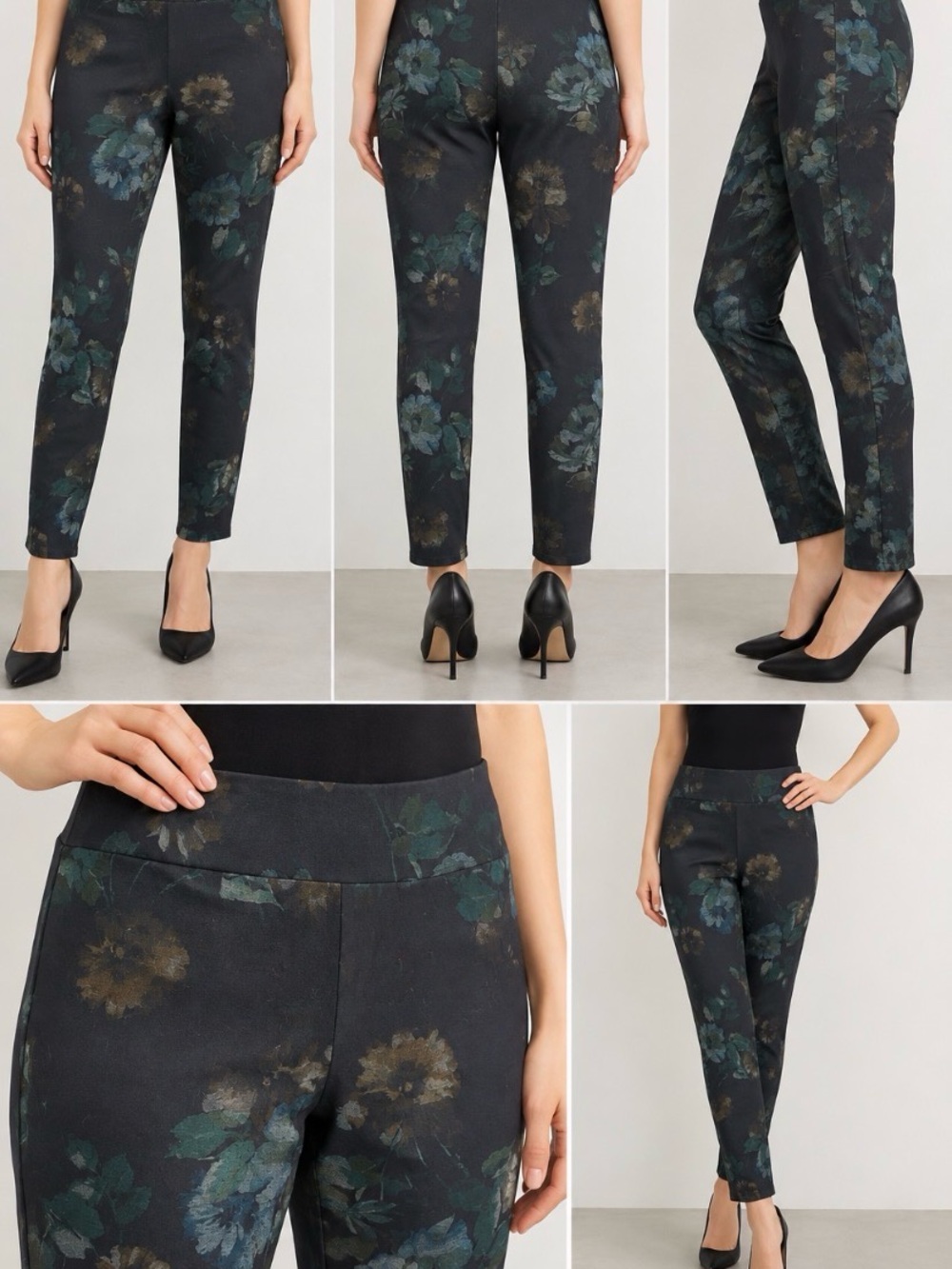 Joseph Ribkoff Floral Pull-On Slim Pants Size 8 Navy Teal Stretch Made Canada